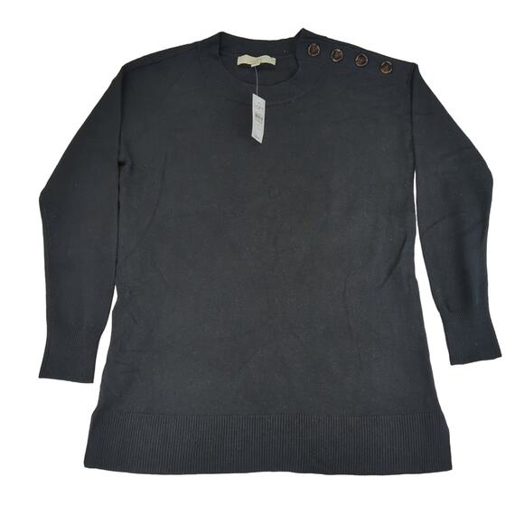 LOFT Button Shoulder‎ Tunic Sweater Black Crewneck Women's XS Cotton Stretch - Picture 1 of 10